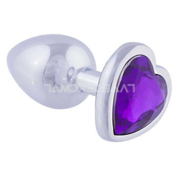 Серебристая анальная пробка с фиолетовым кристаллом-сердцем - 7 см.