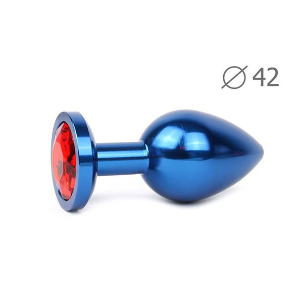 Коническая синяя анальная втулка с красным кристаллом - 9,3 см. 
