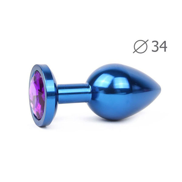 Коническая синяя анальная втулка с кристаллом фиолетового цвета - 8,2 см.