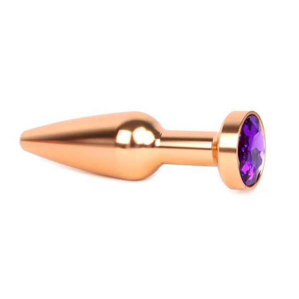 Удлиненная коническая гладкая золотистая анальная втулка с кристаллом фиолетового цвета - 11,3 см.