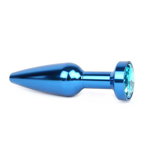 Удлиненная коническая гладкая синяя анальная втулка с голубым кристаллом - 11,3 см.