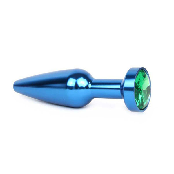 Удлиненная коническая гладкая синяя анальная втулка с зеленым кристаллом - 11,3 см.