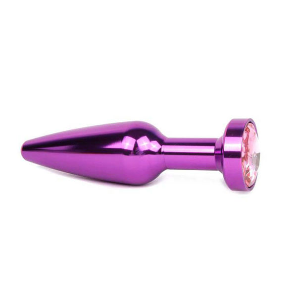 Удлиненная коническая гладкая фиолетовая анальная втулка с розовым кристаллом - 11,3 см.