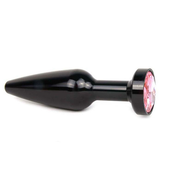 Удлиненная коническая гладкая черная анальная втулка с розовым кристаллом - 11,3 см.