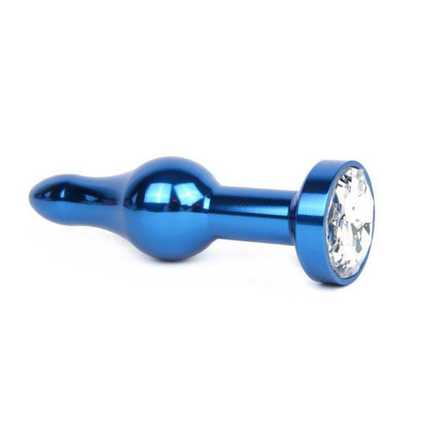 Удлиненная шарикообразная синяя анальная втулка с прозрачным кристаллом - 10,3 см.