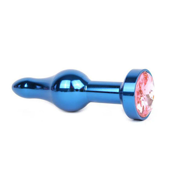 Удлиненная шарикообразная синяя анальная втулка с розовым кристаллом - 10,3 см.