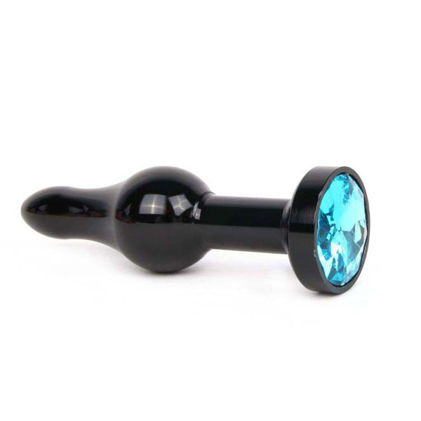 Удлиненная шарикообразная черная анальная втулка с голубым кристаллом - 10,3 см.