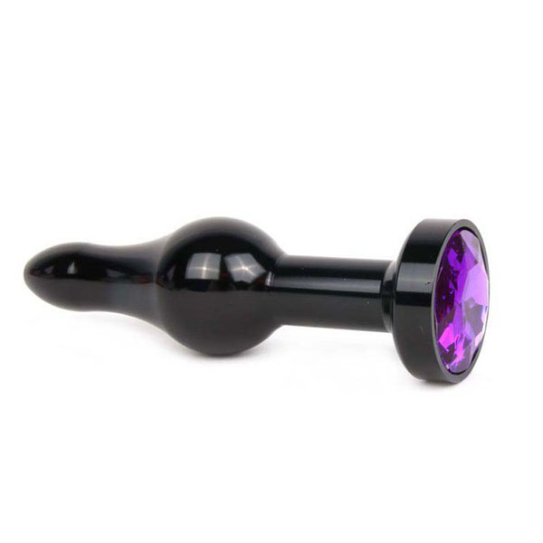 Удлиненная шарикообразная черная анальная втулка с кристаллом фиолетового цвета - 10,3 см.