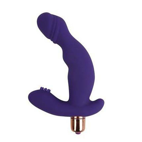 Фиолетовый силиконовый изогнутый вибромассажер с отростком