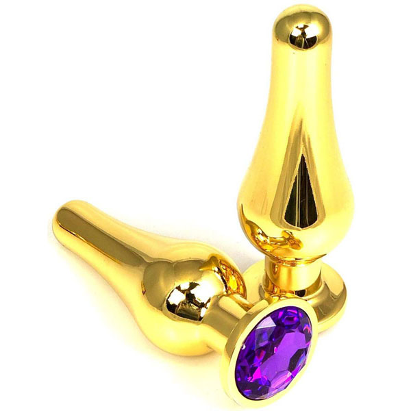 Золотистая удлиненная анальная пробка с фиолетовым кристаллом - 10 см.