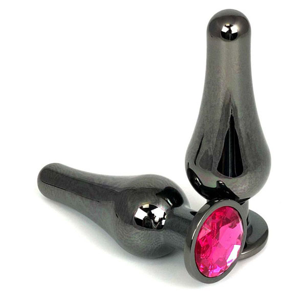 Черная удлиненная анальная пробка с розовым кристаллом - 10 см.