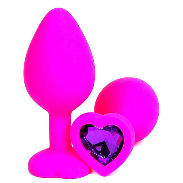 Розовая силиконовая пробка с фиолетовым кристаллом-сердцем - 8,5 см.