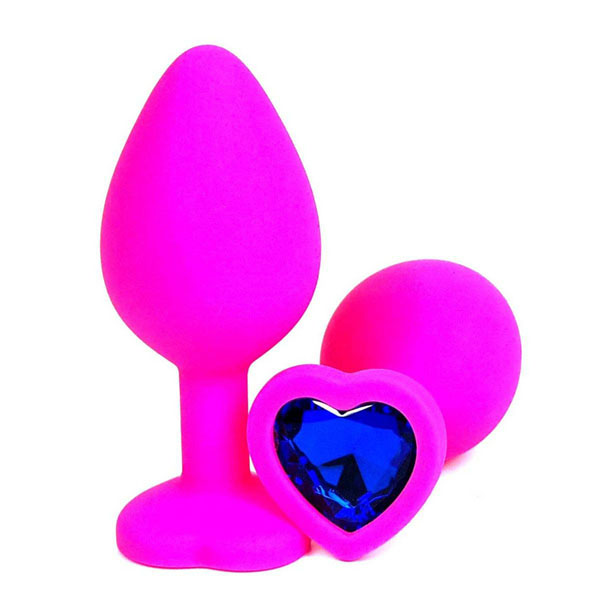 Розовая силиконовая пробка с синим кристаллом-сердцем - 10,5 см.