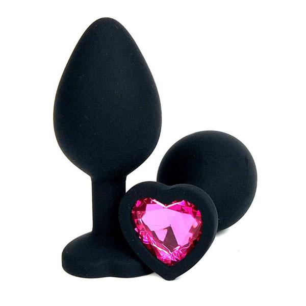 Черная силиконовая пробка с розовым кристаллом-сердцем - 8 см.