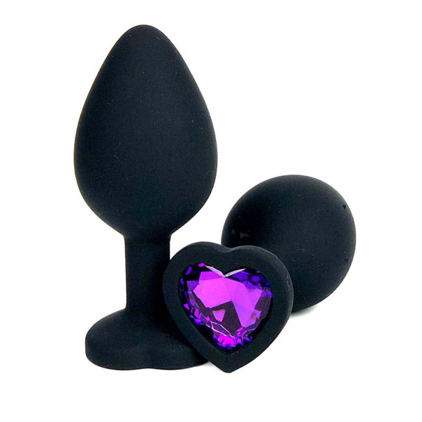 Черная силиконовая пробка с фиолетовым кристаллом-сердцем - 10,5 см.