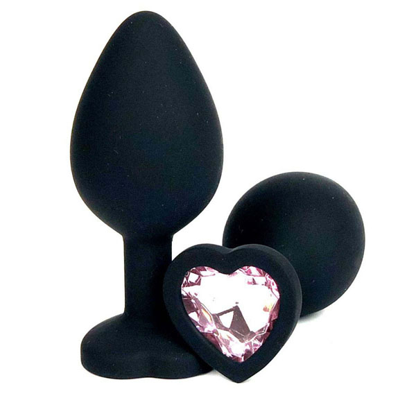Черная силиконовая пробка с нежно-розовым кристаллом-сердцем - 10,5 см.