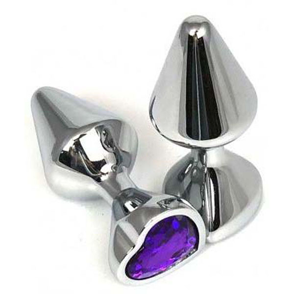Серебристая анальная пробка с фиолетовым кристаллом-сердцем - 8 см.