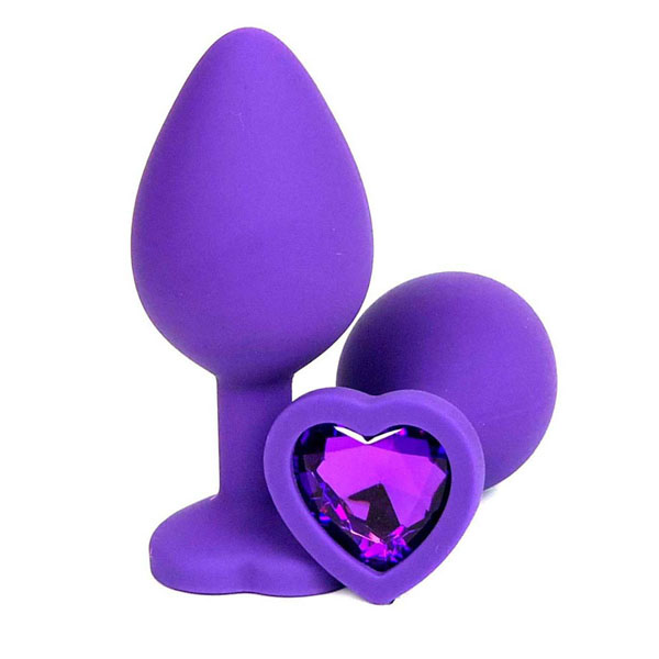 Фиолетовая силиконовая анальная пробка с фиолетовым стразом-сердцем - 8 см.