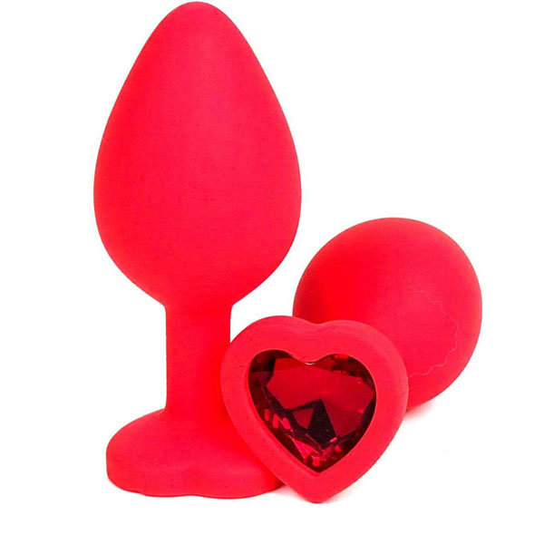 Красная силиконовая анальная пробка с красным стразом-сердцем - 8 см.