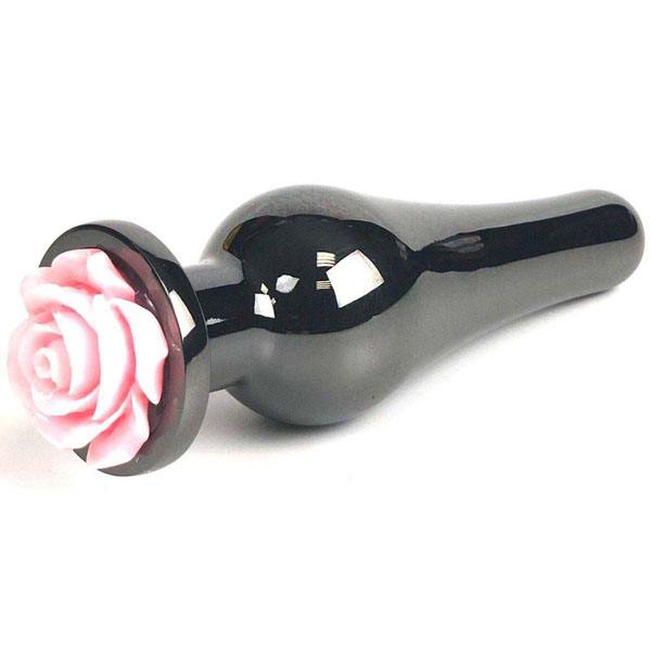 Черная удлиненная анальная пробка с розовой розой - 12,5 см.