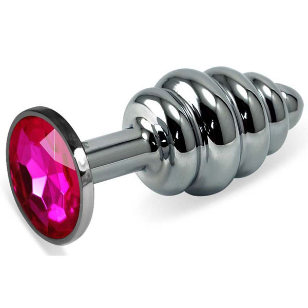 Серебристая ребристая металлическая анальная пробка с розовым кристаллом - 8 см.