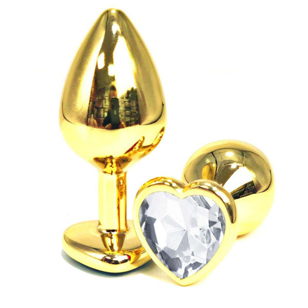 Золотистая анальная пробка с прозрачным кристаллом-сердцем - 7 см.