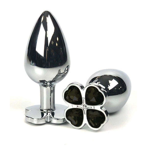 Серебристая анальная втулка с клевером из черных кристаллов - 8 см.