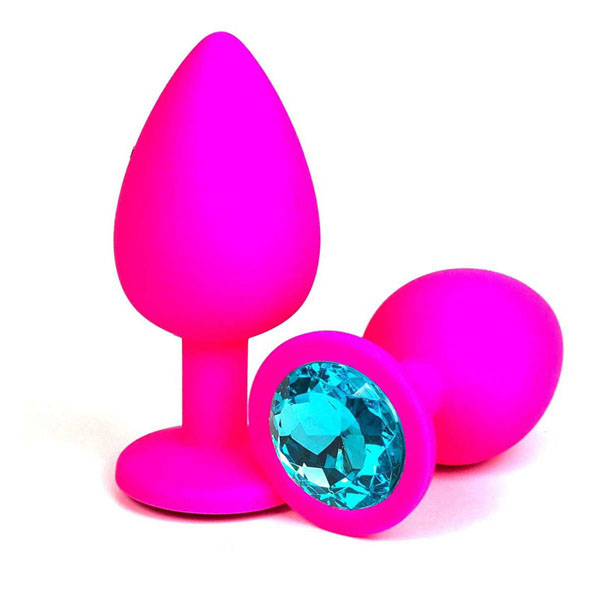Розовая силиконовая пробка с голубым кристаллом - 6,8 см.