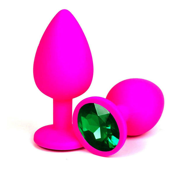 Розовая силиконовая анальная пробка с зеленым стразом - 9,2 см.