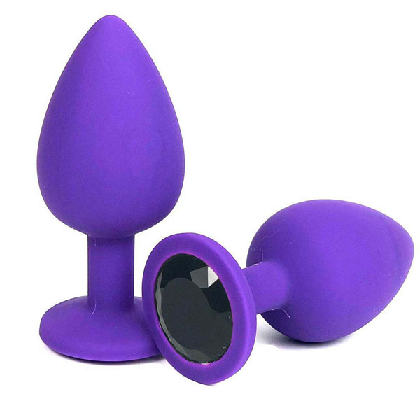 Фиолетовая анальная пробка с черным стразом - 6,8 см.