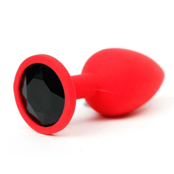 Красная силиконовая анальная пробка с черным стразом - 6,8 см.