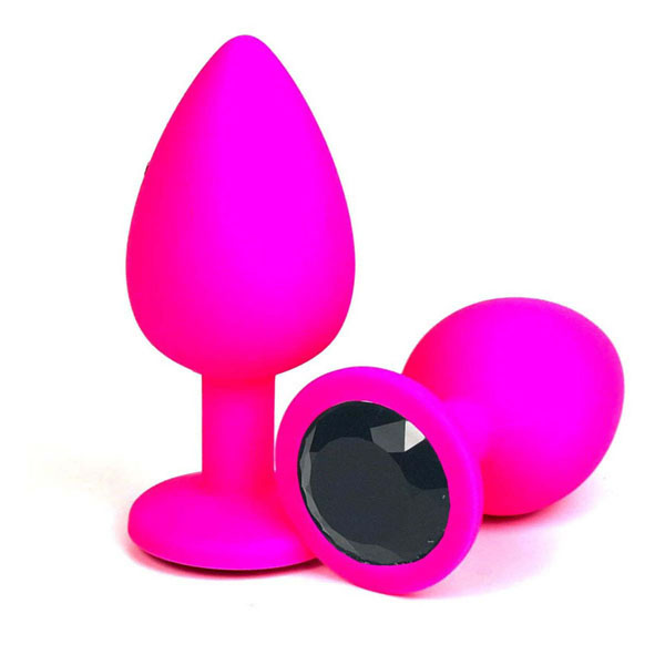 Розовая силиконовая анальная пробка с черным стразом - 9,2 см.