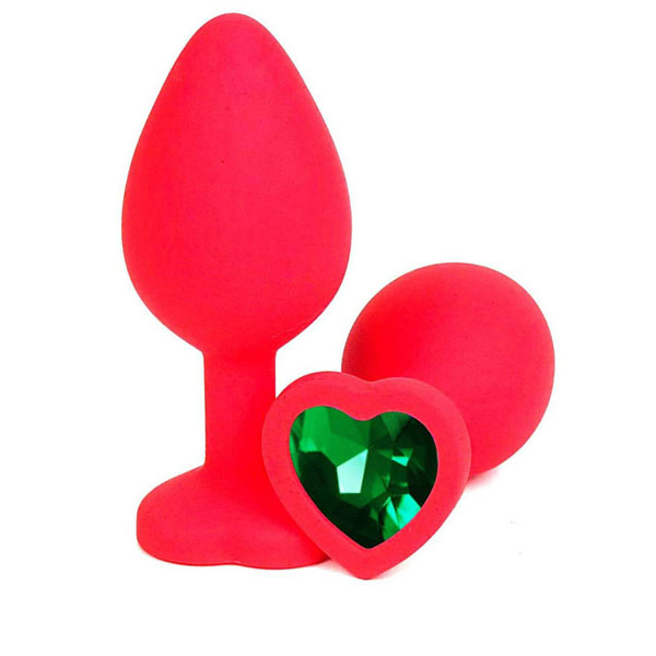 Красная силиконовая анальная пробка с зеленым стразом-сердцем - 8 см.