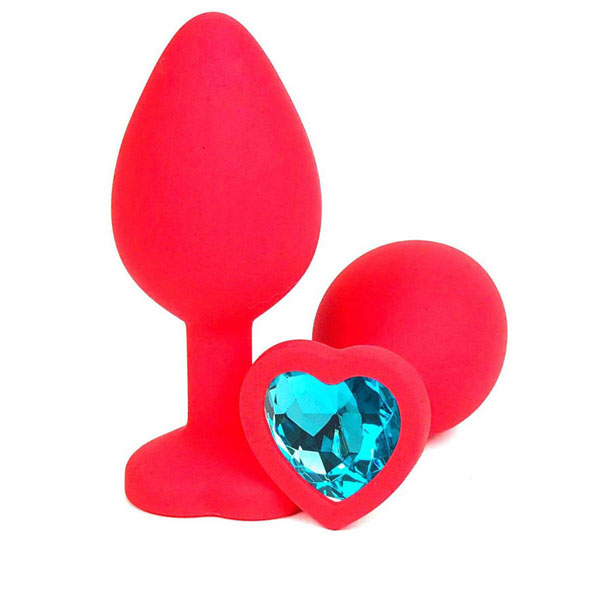 Красная силиконовая анальная пробка с голубым стразом-сердцем - 8,5 см.