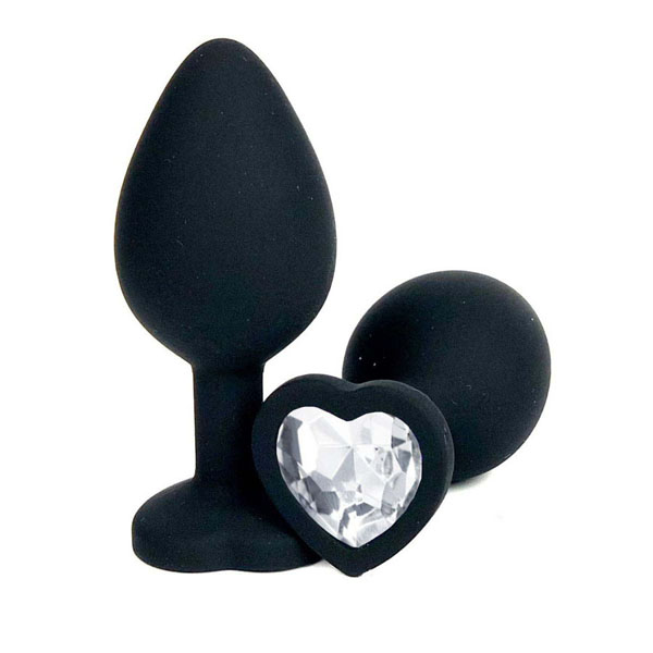 Черная силиконовая пробка с прозрачным кристаллом-сердцем - 10,5 см.
