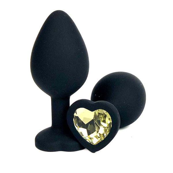 Черная силиконовая пробка с желтым кристаллом-сердцем - 10,5 см.