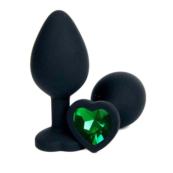 Черная силиконовая пробка с зеленым кристаллом-сердцем - 8 см.