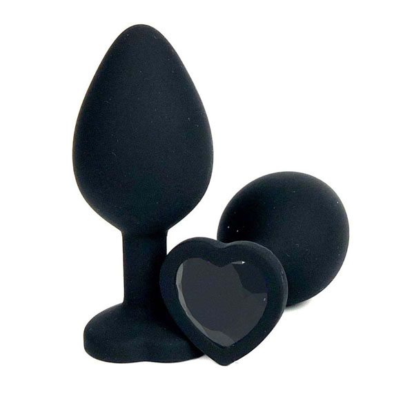 Черная силиконовая пробка с черным кристаллом-сердцем - 10,5 см.