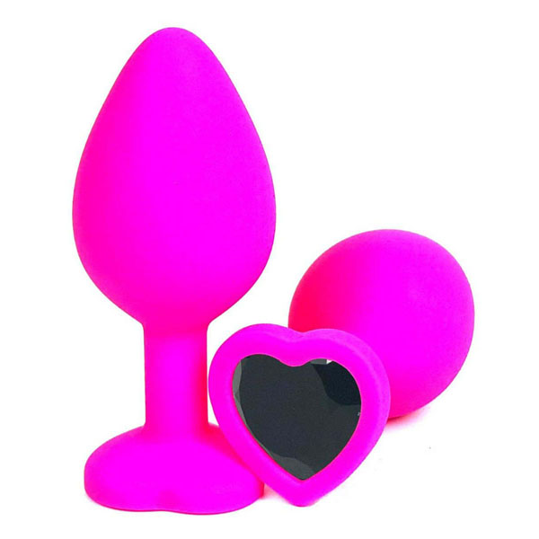 Розовая силиконовая пробка с черным кристаллом-сердцем - 8,5 см.
