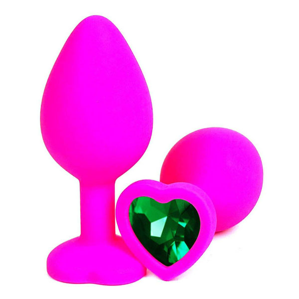 Розовая силиконовая пробка с зеленым кристаллом-сердцем - 8,5 см.