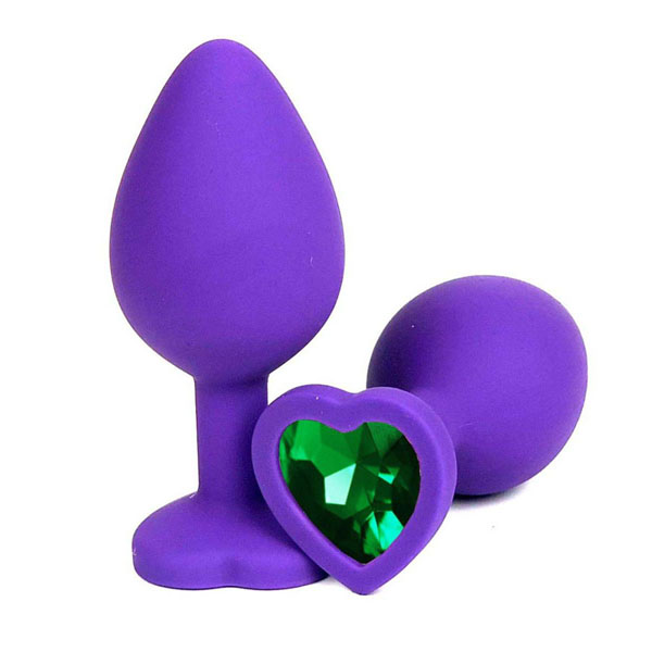 Фиолетовая силиконовая анальная пробка с зеленым стразом-сердцем - 8 см.