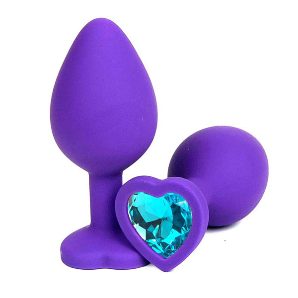 Фиолетовая силиконовая анальная пробка с голубым стразом-сердцем - 10,5 см.