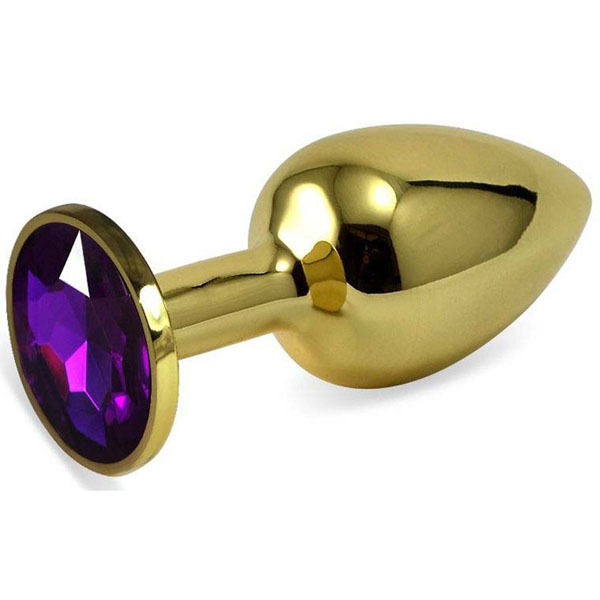 Золотистая анальная пробка с фиолетовым кристаллом - 5,5 см.