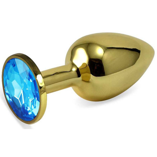 Золотистая анальная пробка с голубым кристаллом - 5,5 см.