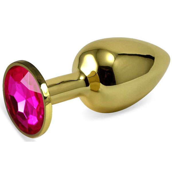 Золотистая анальная пробка с розовым кристаллом - 6,5 см.