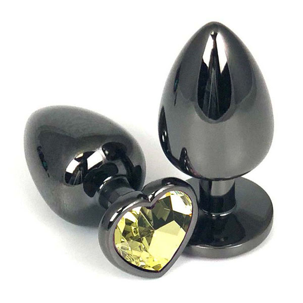 Черная металлическая анальная пробка с желтым стразом-сердечком - 9 см.
