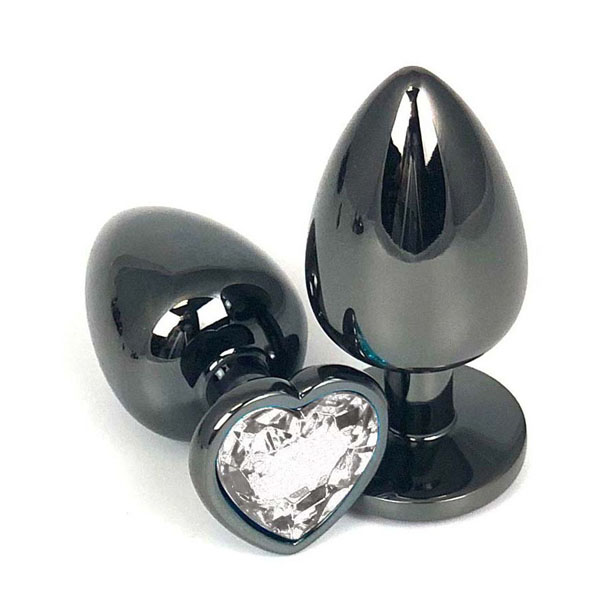 Черная металлическая анальная пробка с прозрачным стразом-сердечком - 9 см.