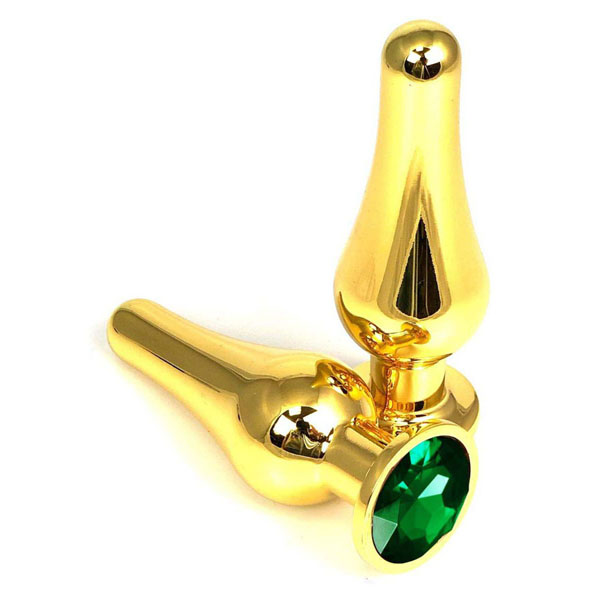 Золотистая удлиненная анальная пробка с зеленым кристаллом - 10 см.