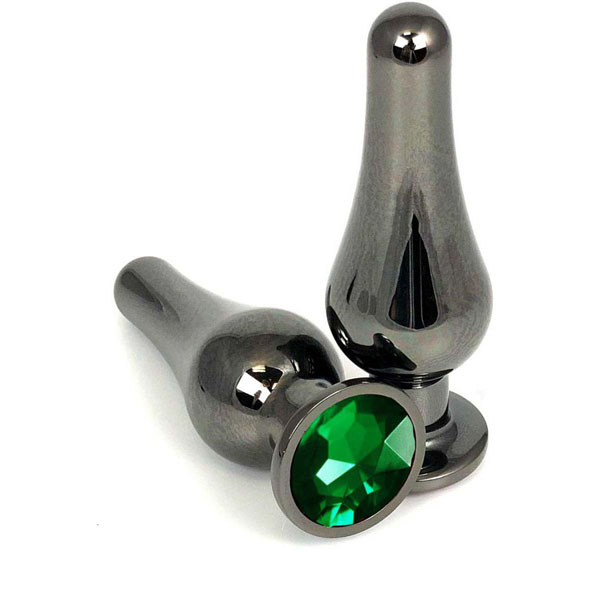 Черная удлиненная анальная пробка с зеленым кристаллом - 11,5 см.