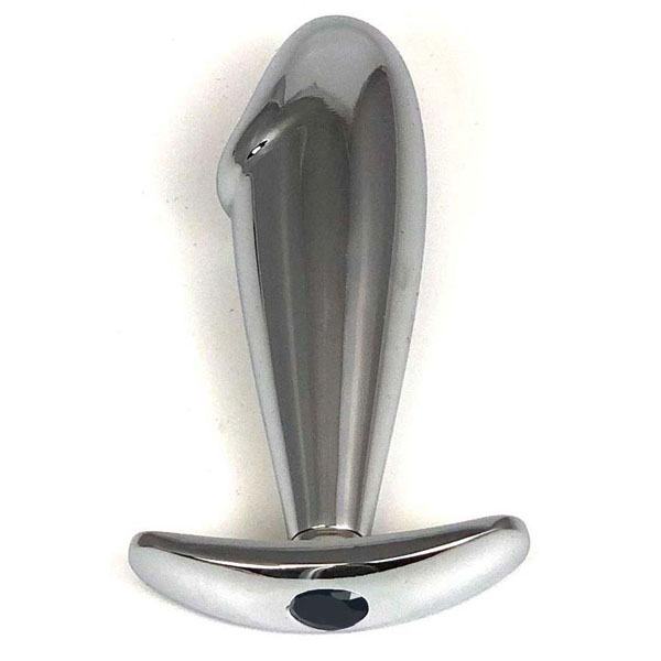 Серебристая анальная пробка-фаллос с черным кристаллом – 9,5 см.